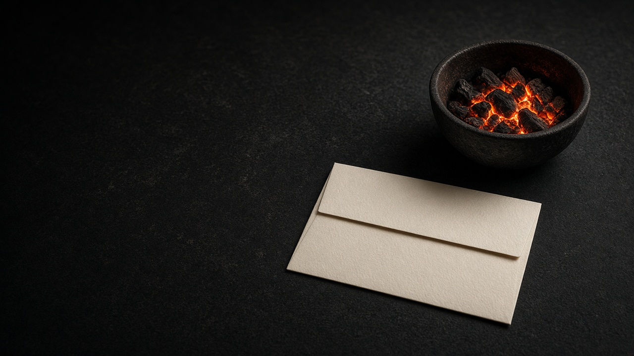 A small hearth desk and a sealed charcoal envelope